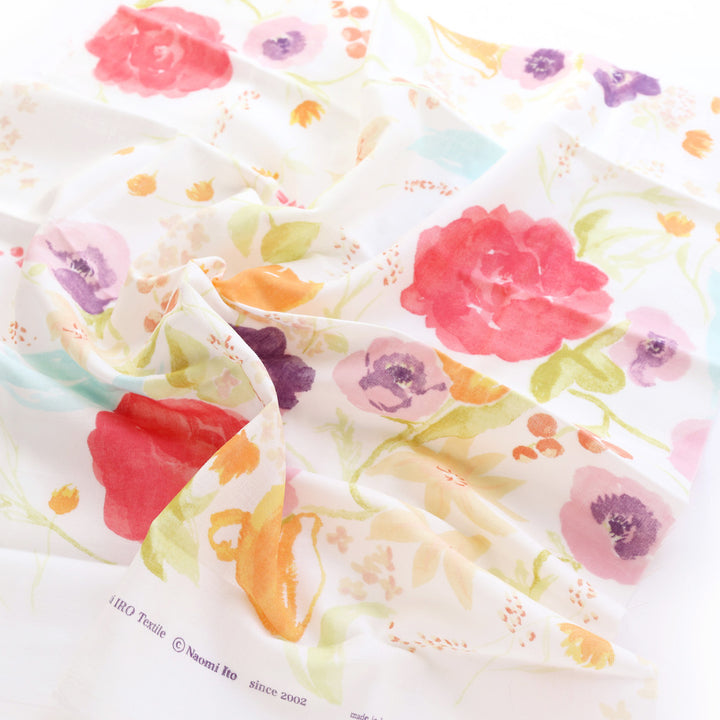 Tissu Japonais - Fleurs Aquarelle - Jaune, Orange, Rose, Violet, Bleu et Vert - T488