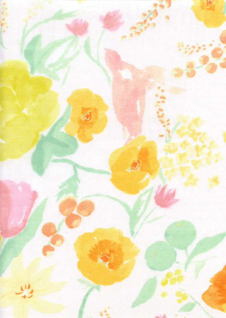 Tissu Japonais - Fleurs Aquarelle - Jaune, Orange, Rose, et Vert - T489