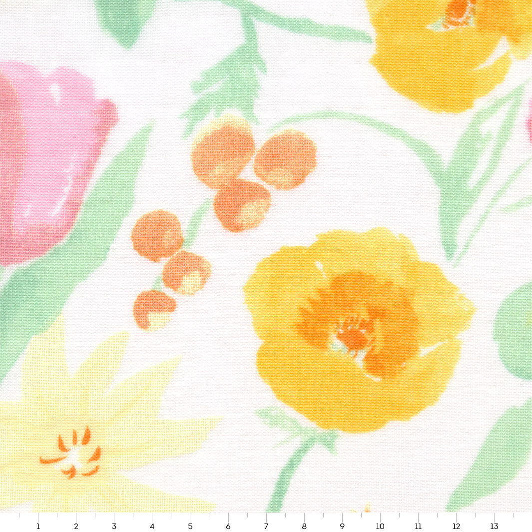 Tissu Japonais - Fleurs Aquarelle - Jaune, Orange, Rose, et Vert - T489