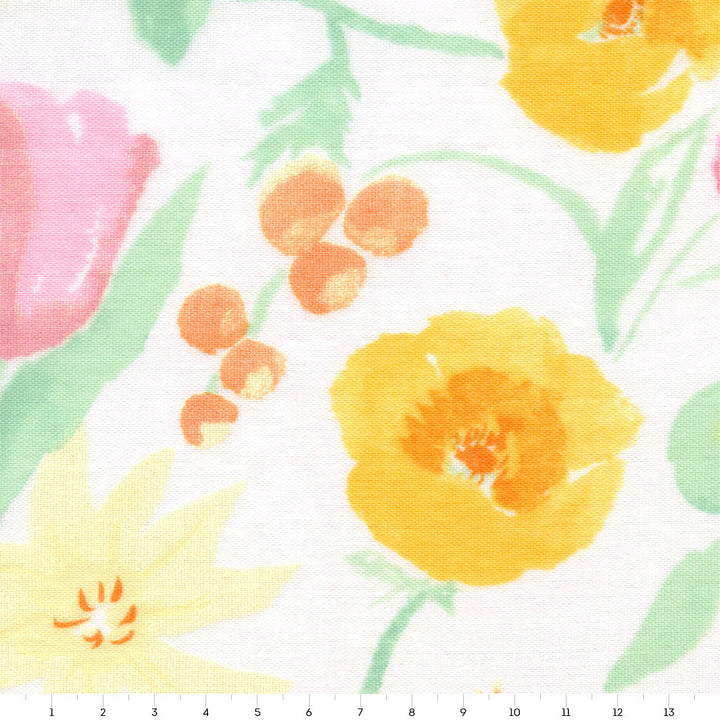 Tissu Japonais - Fleurs Aquarelle - Jaune, Orange, Rose, et Vert - T489