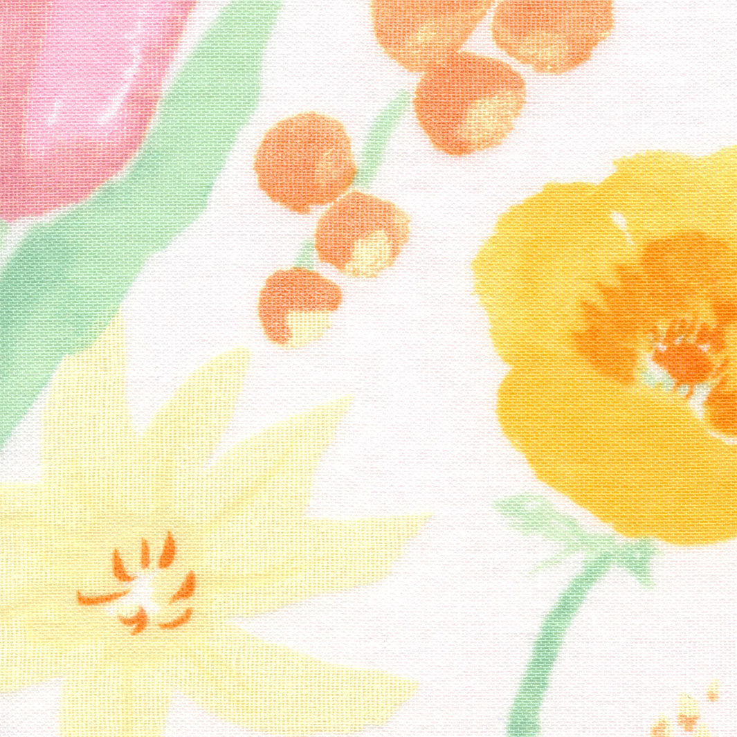 Tissu Japonais - Fleurs Aquarelle - Jaune, Orange, Rose, et Vert - T489