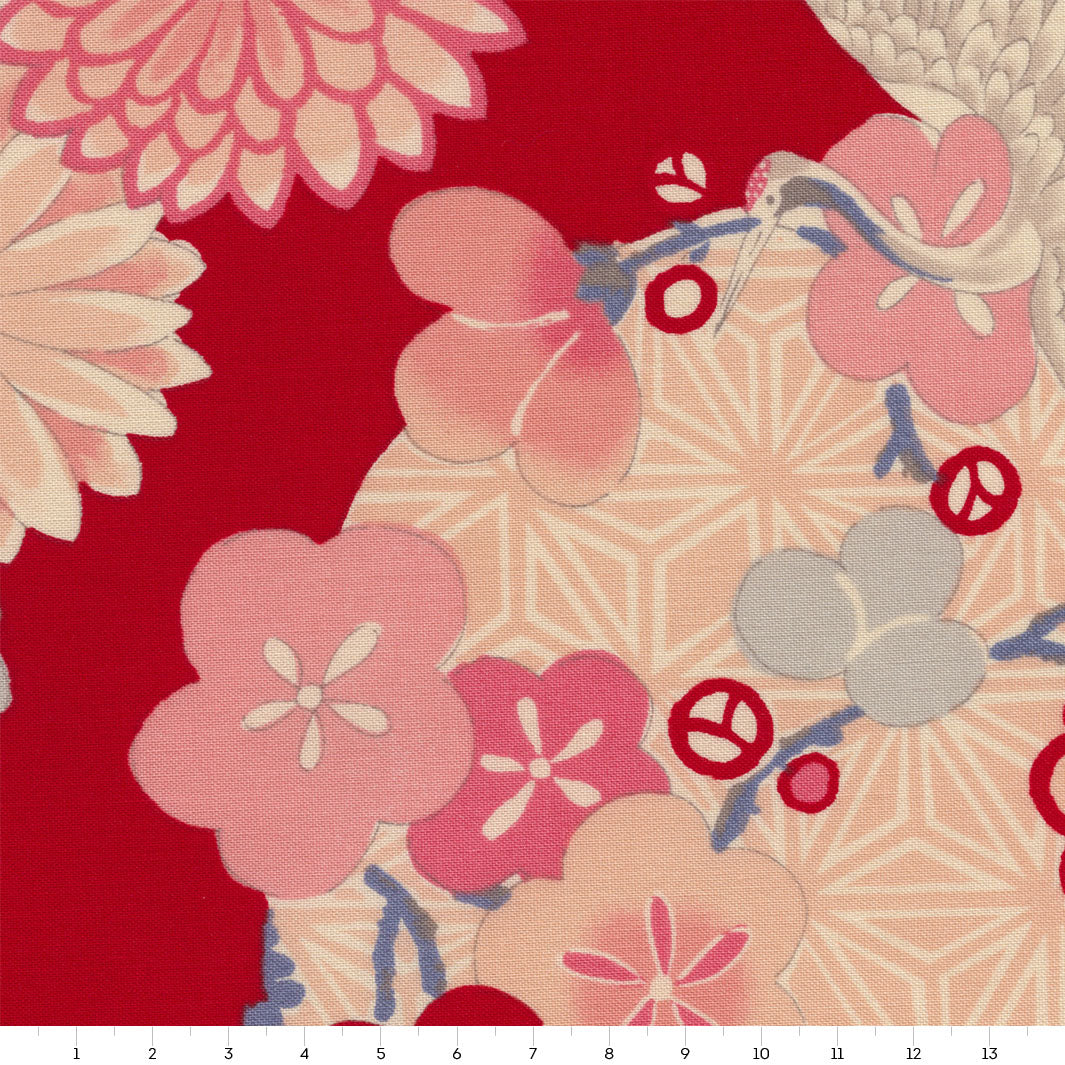 Tissu Japonais - Fleurs, Cercles et Grues - Beige, Rose, Bleu, Gris et Rouge - T490