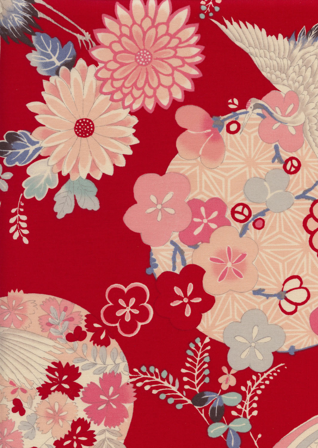 Tissu Japonais - Fleurs, Cercles et Grues - Beige, Rose, Bleu, Gris et Rouge - T490