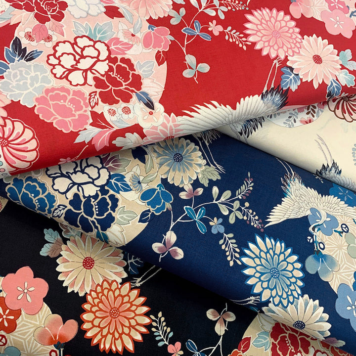 Tissu Japonais - Fleurs, Cercles et Grues - Beige, Rose, Bleu, Gris et Rouge - T490