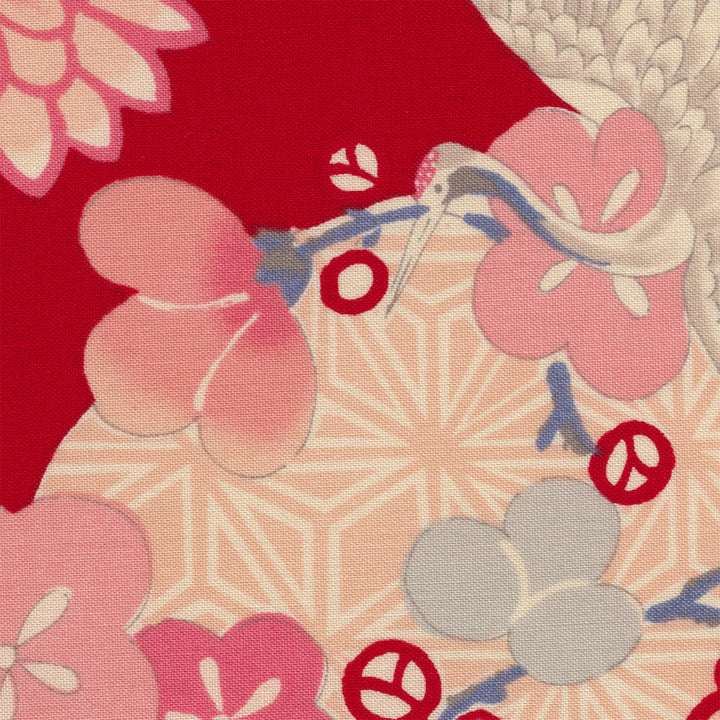 Tissu Japonais - Fleurs, Cercles et Grues - Beige, Rose, Bleu, Gris et Rouge - T490