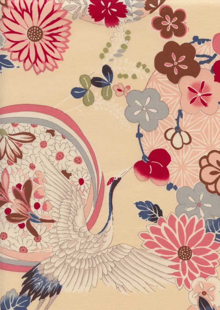 Tissu Japonais - Fleurs, Cercles et Grues - Rose, Bleu, Gris, Marron et Beige - T491