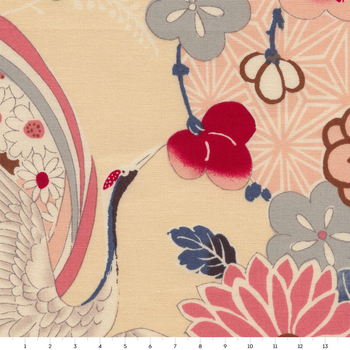 Tissu Japonais - Fleurs, Cercles et Grues - Rose, Bleu, Gris, Marron et Beige - T491