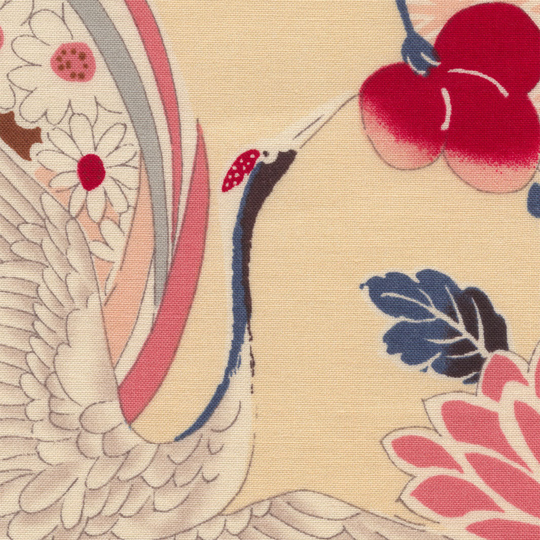 Tissu Japonais - Fleurs, Cercles et Grues - Rose, Bleu, Gris, Marron et Beige - T491