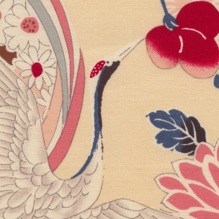 Tissu Japonais - Fleurs, Cercles et Grues - Rose, Bleu, Gris, Marron et Beige - T491