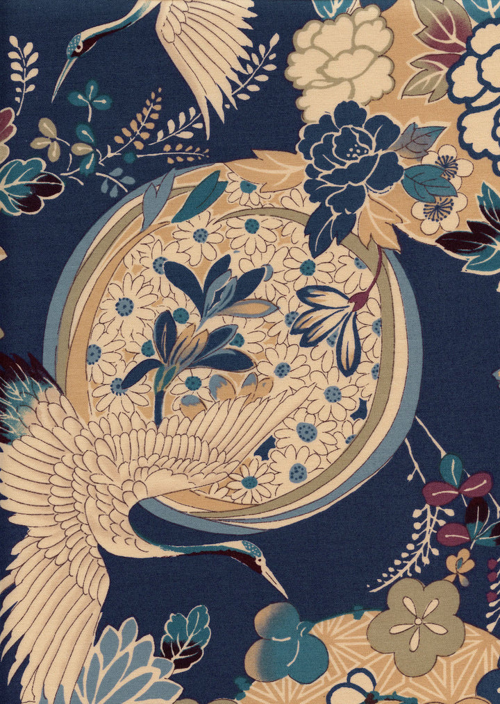 Tissu Japonais - Fleurs, Cercles et Grues - Beige, Bleu, Vert et Gris - T492