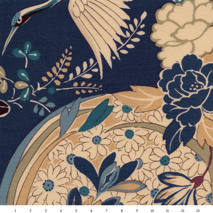 Tissu Japonais - Fleurs, Cercles et Grues - Beige, Bleu, Vert et Gris - T492
