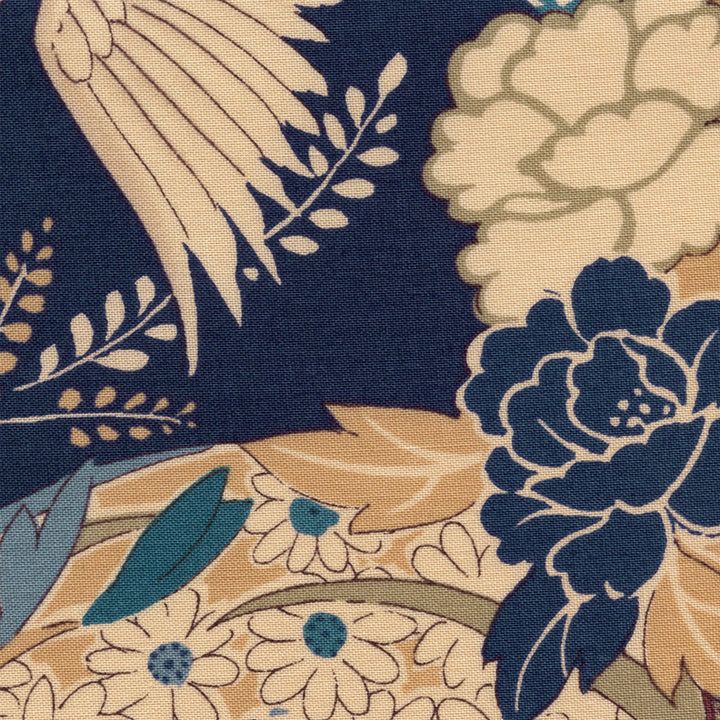 Tissu Japonais - Fleurs, Cercles et Grues - Beige, Bleu, Vert et Gris - T492