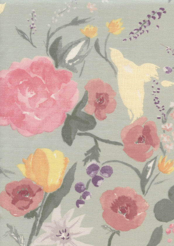 Tissu Japonais - Fleurs Aquarelle - Vert-de-Gris, Roses, Jaune, Violet et Gris - T499