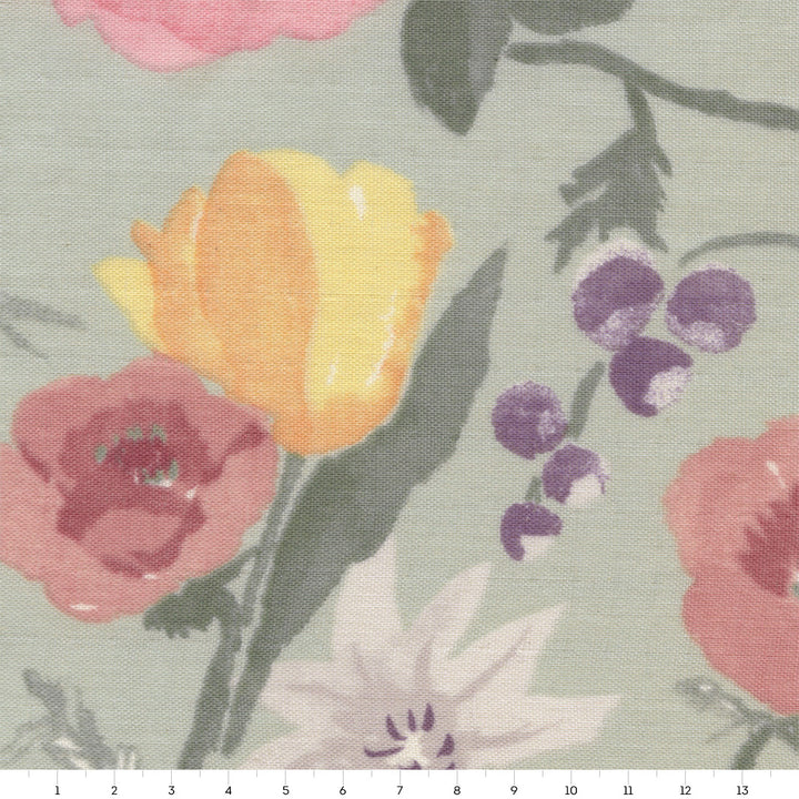 Tissu Japonais - Fleurs Aquarelle - Vert-de-Gris, Roses, Jaune, Violet et Gris - T499