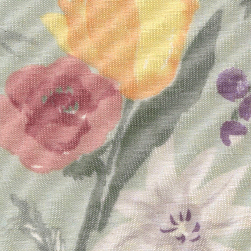 Tissu Japonais - Fleurs Aquarelle - Vert-de-Gris, Roses, Jaune, Violet et Gris - T499