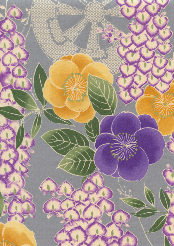 Tissu Japonais - Glycines, Camélias et Roues - Bleu Gris, Jaune et Violet - T501