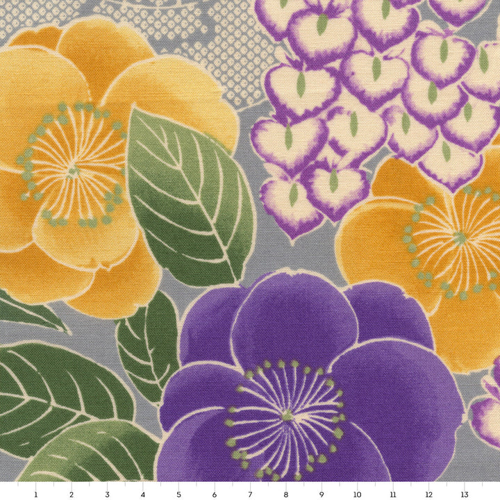 Tissu Japonais - Glycines, Camélias et Roues - Bleu Gris, Jaune et Violet - T501