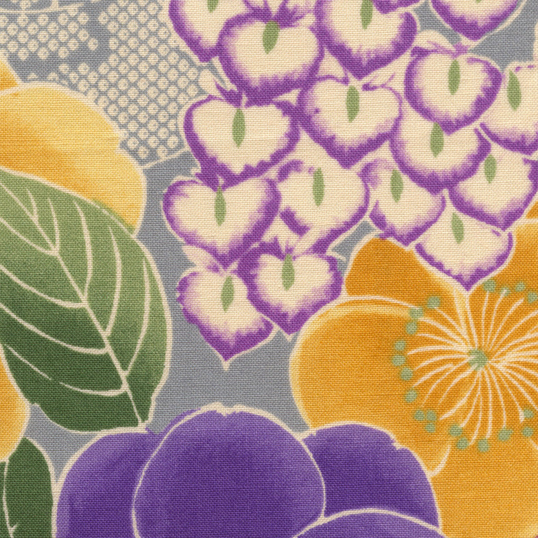 Tissu Japonais - Glycines, Camélias et Roues - Bleu Gris, Jaune et Violet - T501