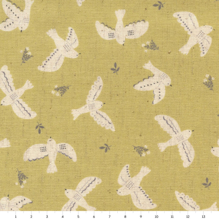 Tissu Japonais - Oiseaux - Vert Anis et Beige - T503