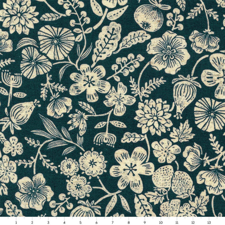 Tissu Japonais - Fleurs et Fruits - Bleu Pétrole et Beige - T515