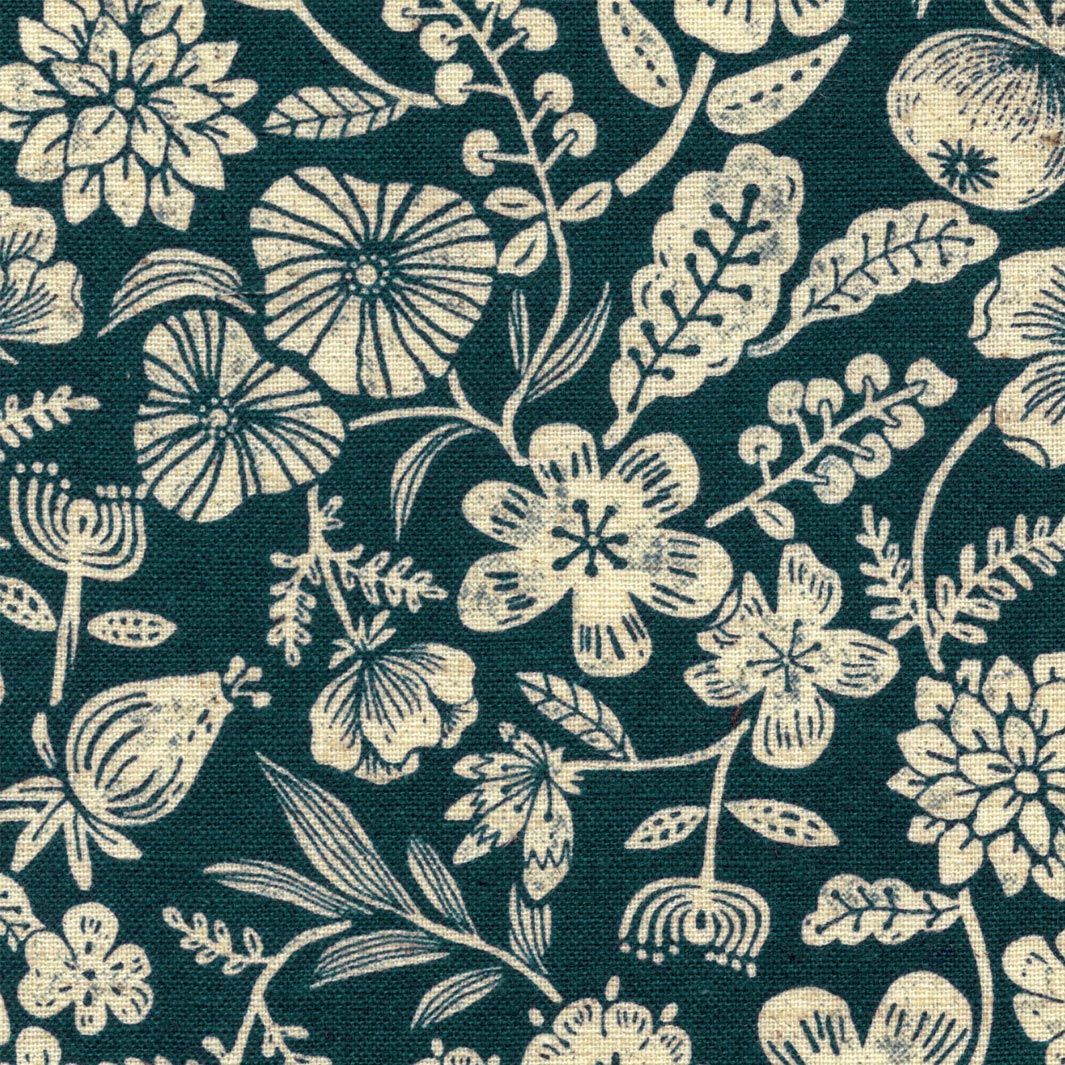 Tissu Japonais - Fleurs et Fruits - Bleu Pétrole et Beige - T515