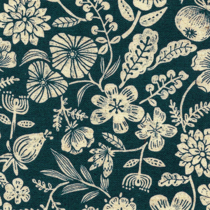 Tissu Japonais - Fleurs et Fruits - Bleu Pétrole et Beige - T515