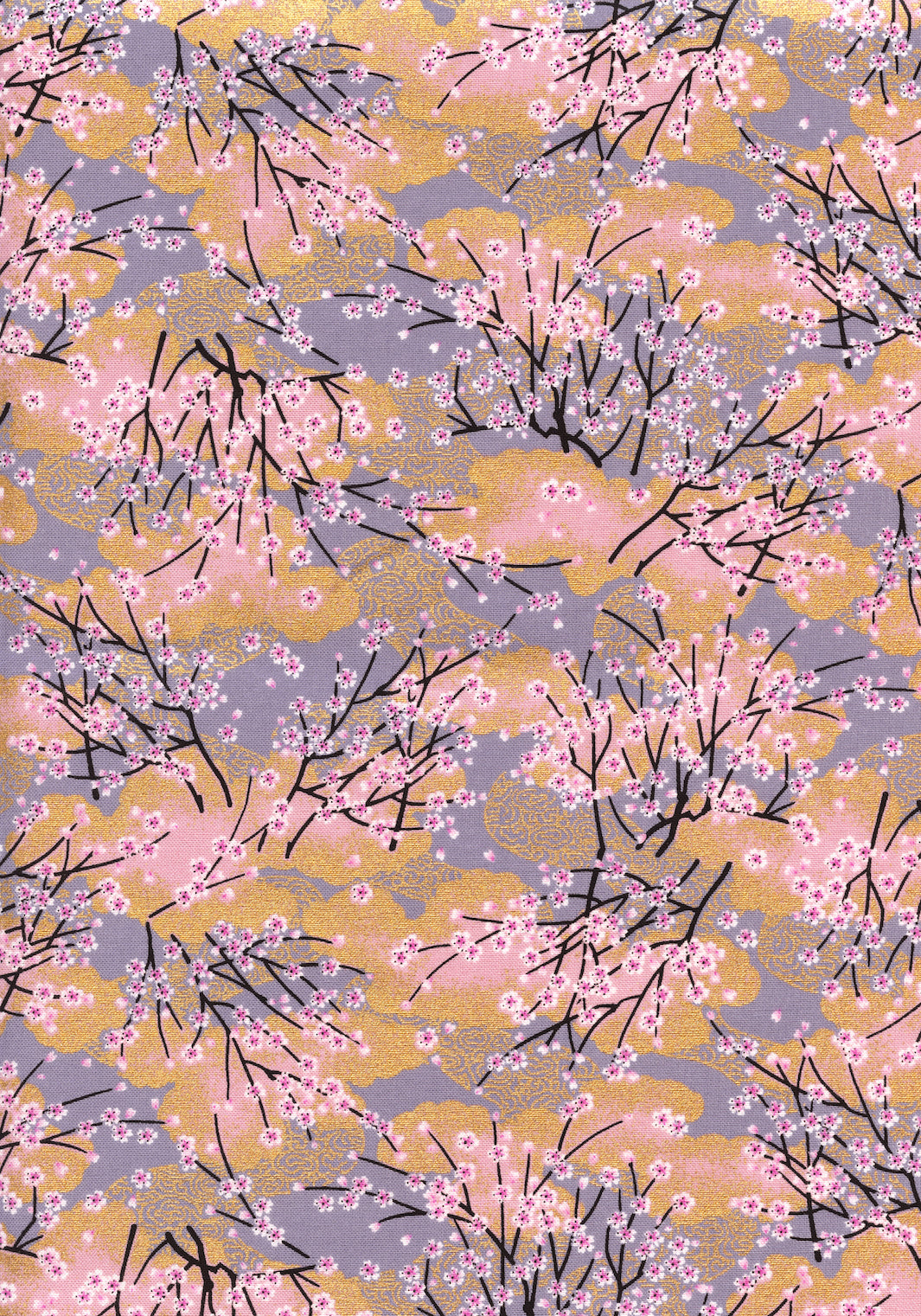 Tissu Japonais - Forêt de Cerisiers - Mauve, Vieux Rose et Or - T517