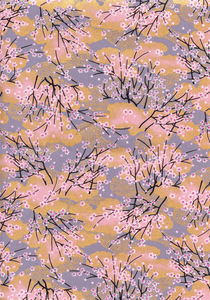 Tissu Japonais - Forêt de Cerisiers - Mauve, Vieux Rose et Or - T517