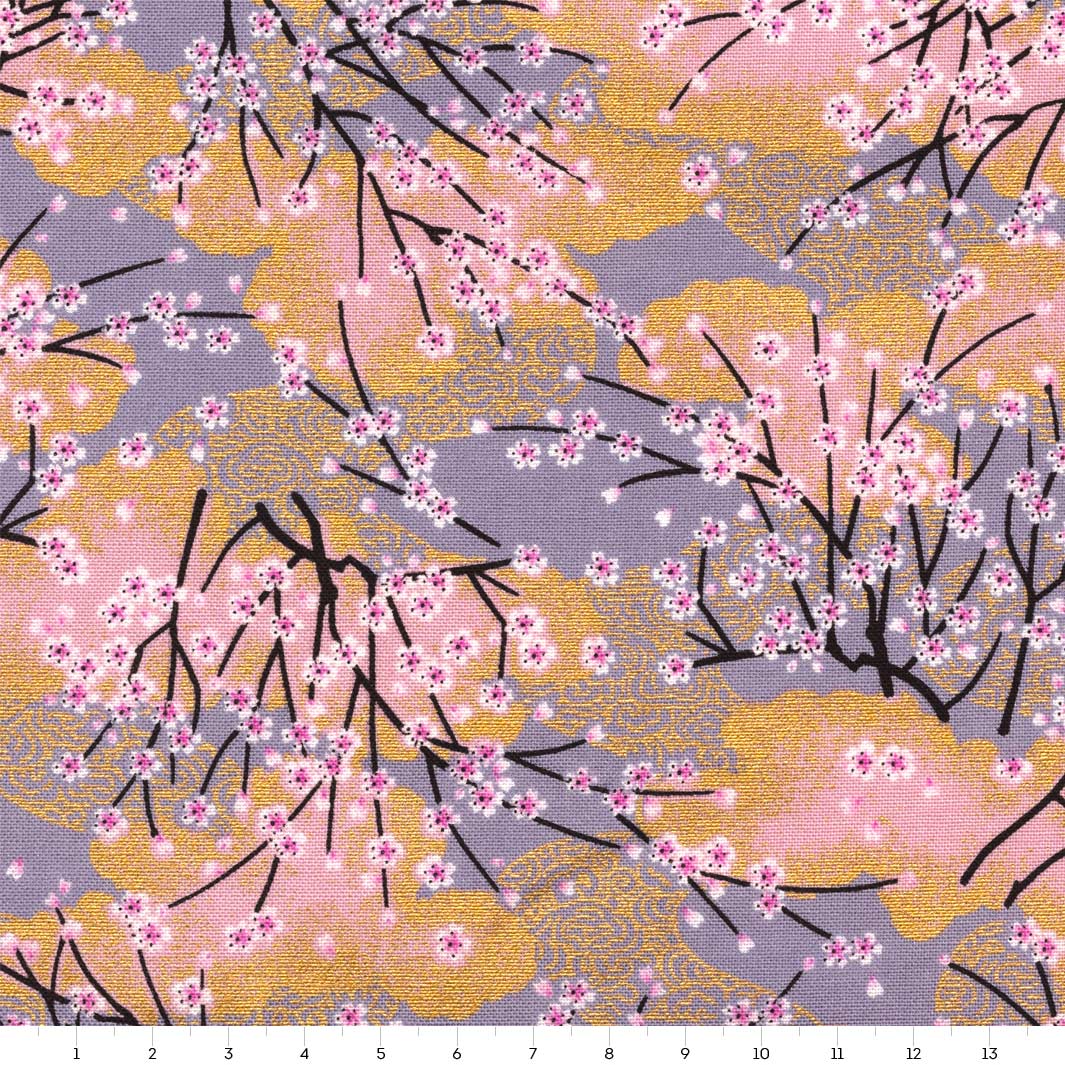 Tissu Japonais - Forêt de Cerisiers - Mauve, Vieux Rose et Or - T517