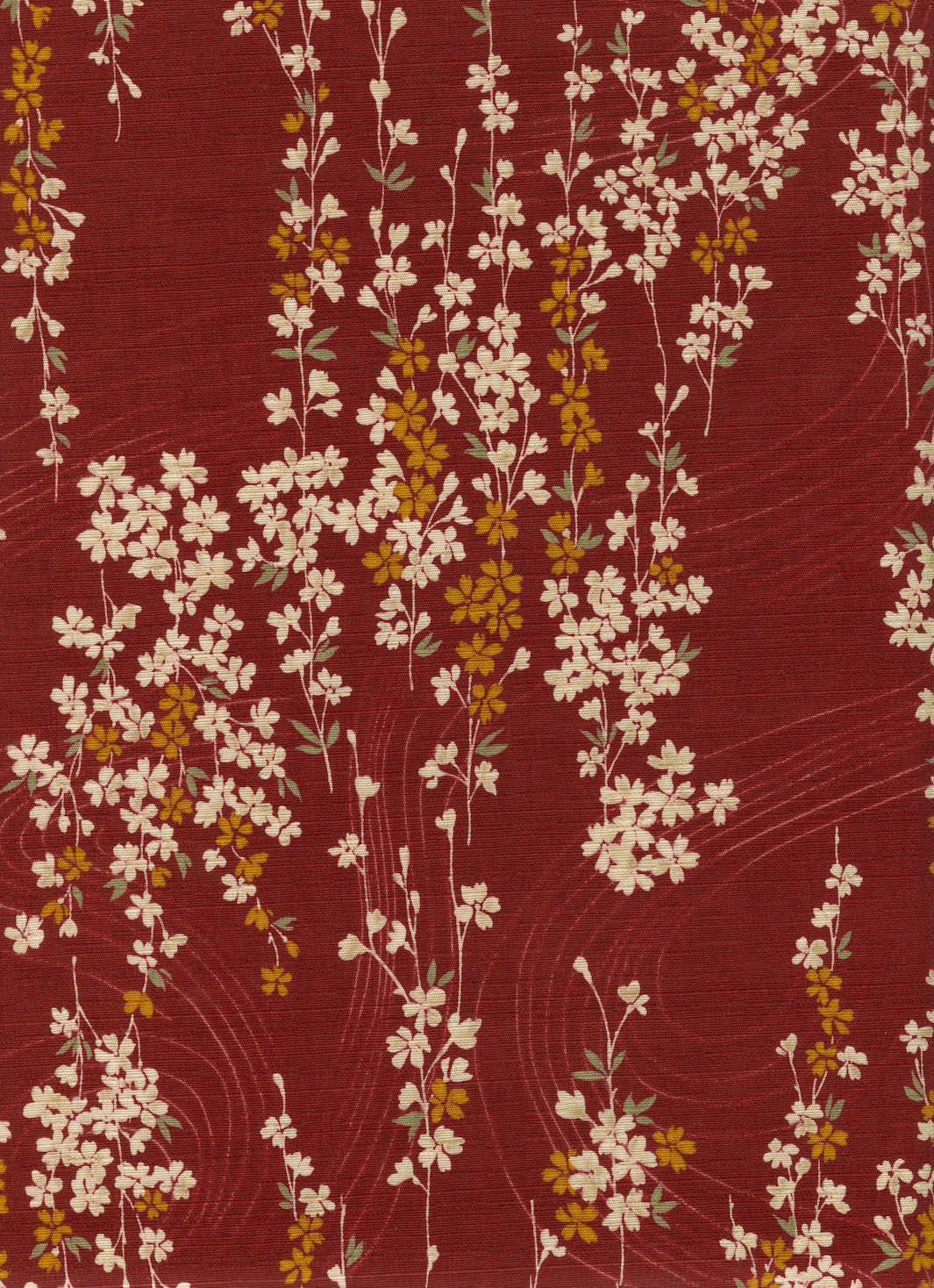 Tissu Japonais - Petit Cerisier en Fleur - Rouge Brique, Beige, Jaune et Vert - T518