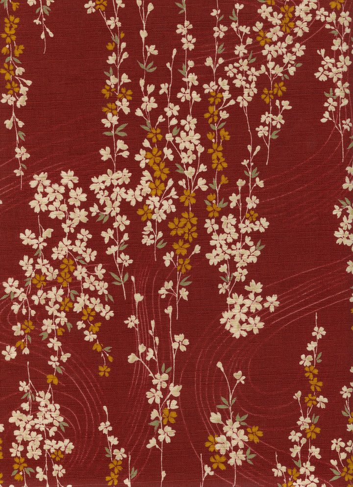 Tissu Japonais - Petit Cerisier en Fleur - Rouge Brique, Beige, Jaune et Vert - T518
