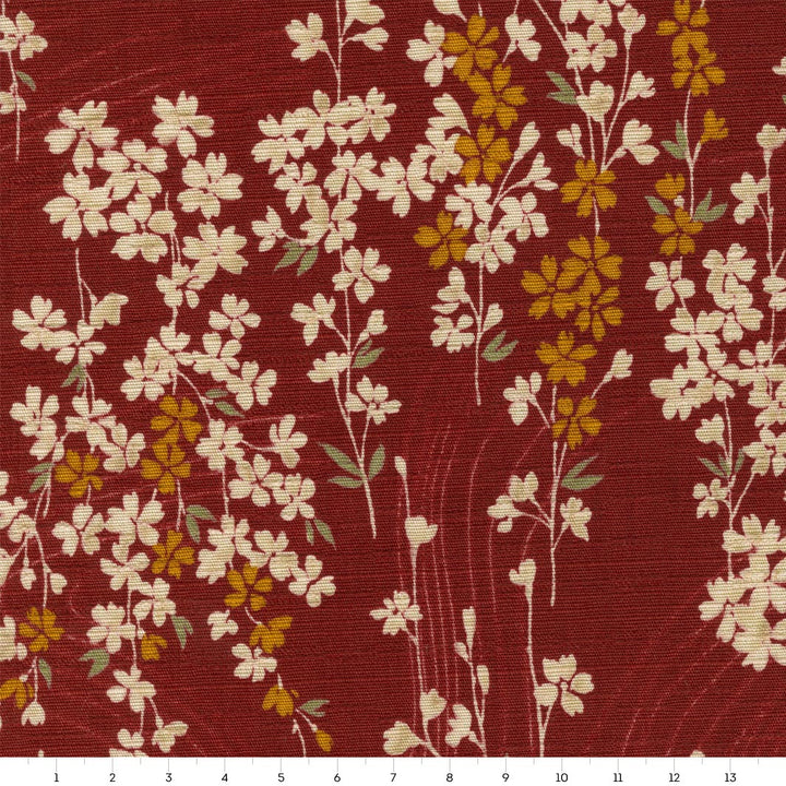 Tissu Japonais - Petit Cerisier en Fleur - Rouge Brique, Beige, Jaune et Vert - T518