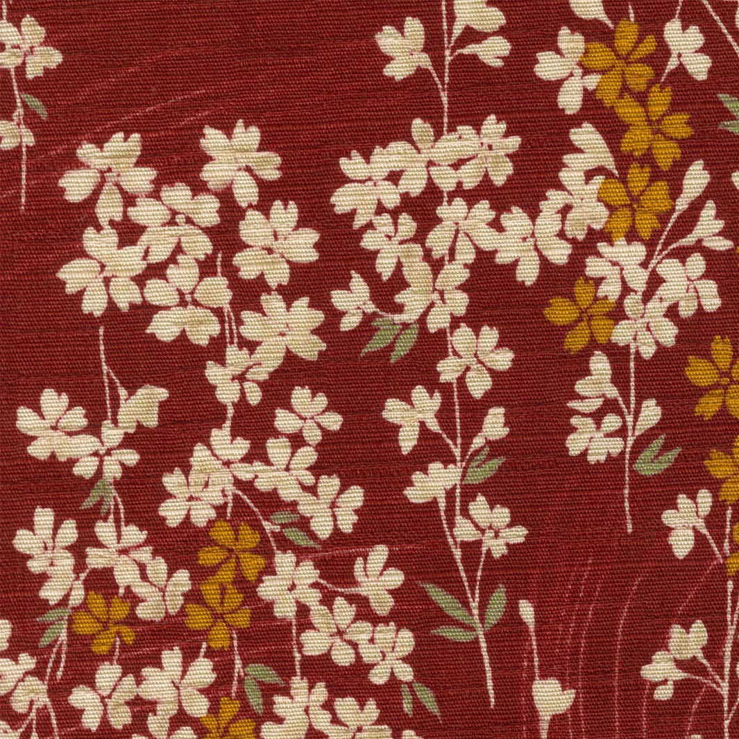Tissu Japonais - Petit Cerisier en Fleur - Rouge Brique, Beige, Jaune et Vert - T518