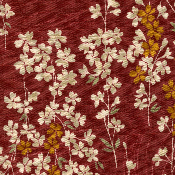 Tissu Japonais - Petit Cerisier en Fleur - Rouge Brique, Beige, Jaune et Vert - T518