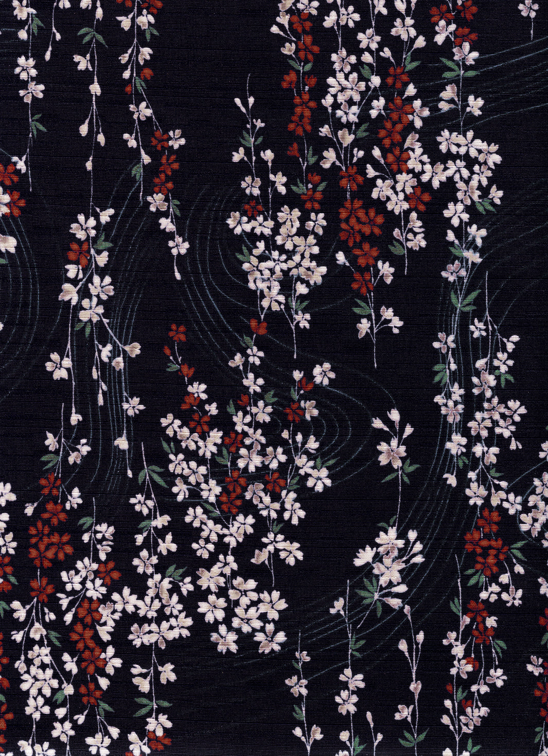 Tissu Japonais - Petit Cerisier en Fleur - Bleu Marine, Blanc, Rouge et Vert - T519