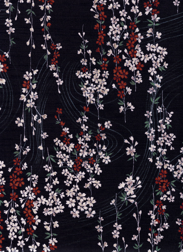Tissu Japonais - Petit Cerisier en Fleur - Bleu Marine, Blanc, Rouge et Vert - T519