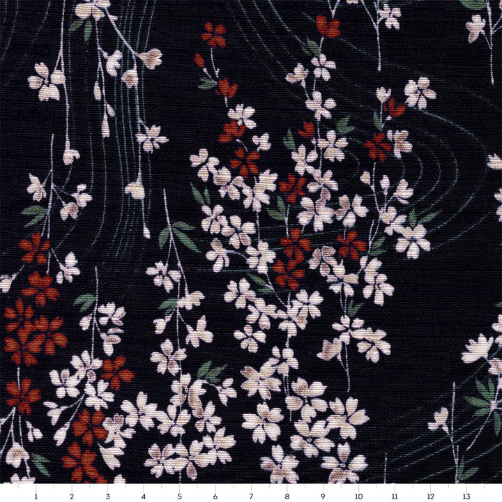 Tissu Japonais - Petit Cerisier en Fleur - Bleu Marine, Blanc, Rouge et Vert - T519