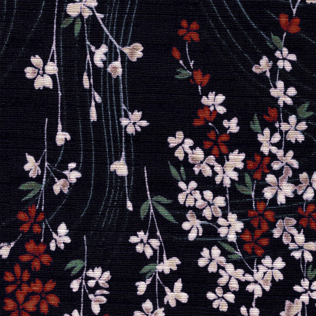 Tissu Japonais - Petit Cerisier en Fleur - Bleu Marine, Blanc, Rouge et Vert - T519