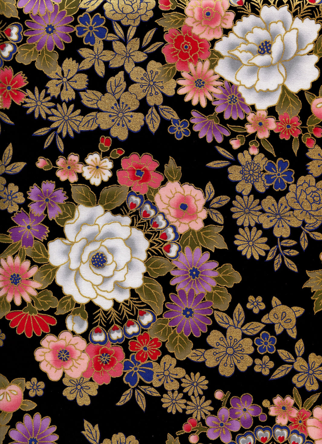 Tissu Japonais - Fleurs et Dorures - Noir, Or, Rose et Violet - T520