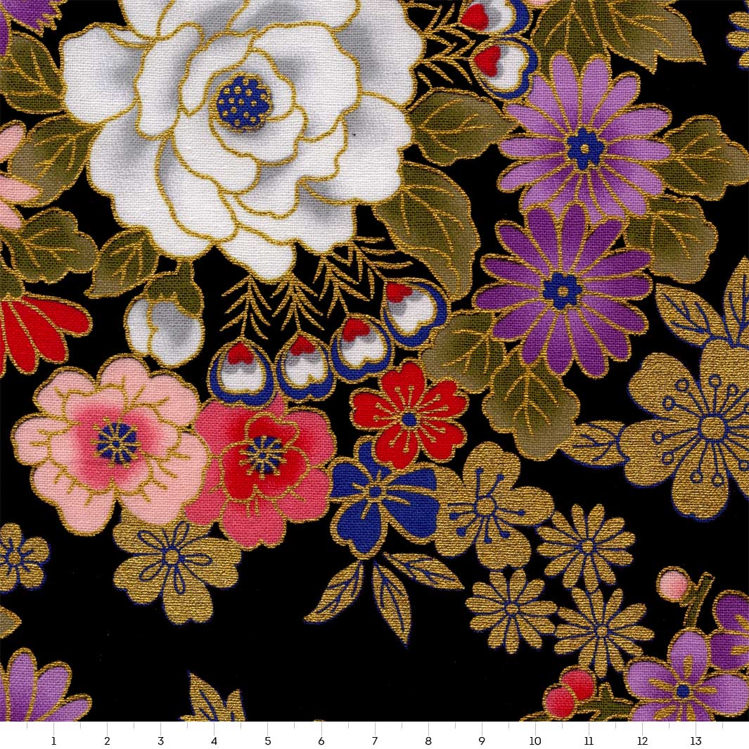 Tissu Japonais - Fleurs et Dorures - Noir, Or, Rose et Violet - T520