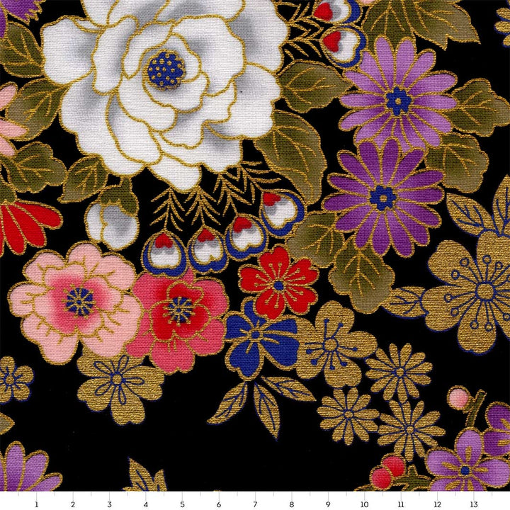 Tissu Japonais - Fleurs et Dorures - Noir, Or, Rose et Violet - T520
