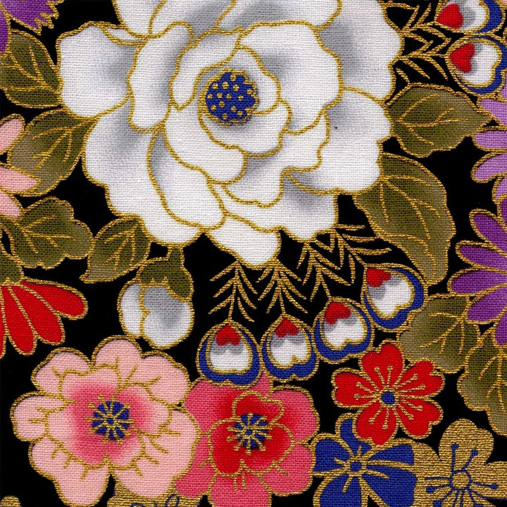 Tissu Japonais - Fleurs et Dorures - Noir, Or, Rose et Violet - T520