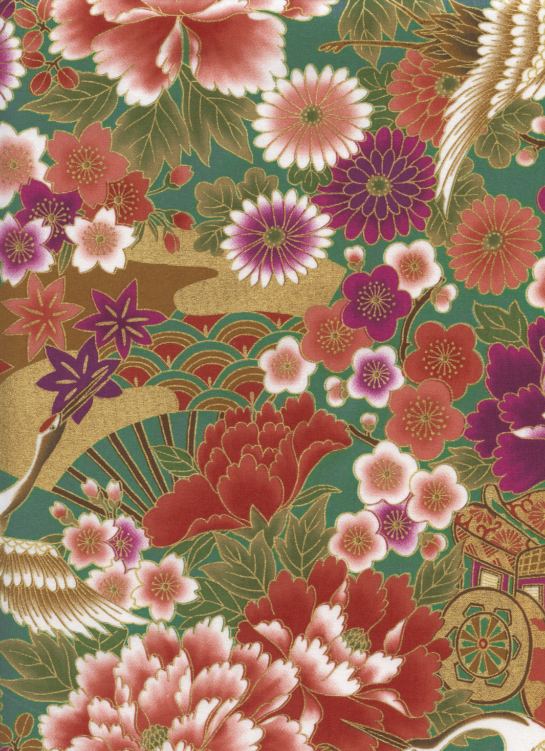 Tissu Japonais - Fleurs, Grues, Éventails, Boules et Chariots - Vert, Rouge, Violet et Or - T524