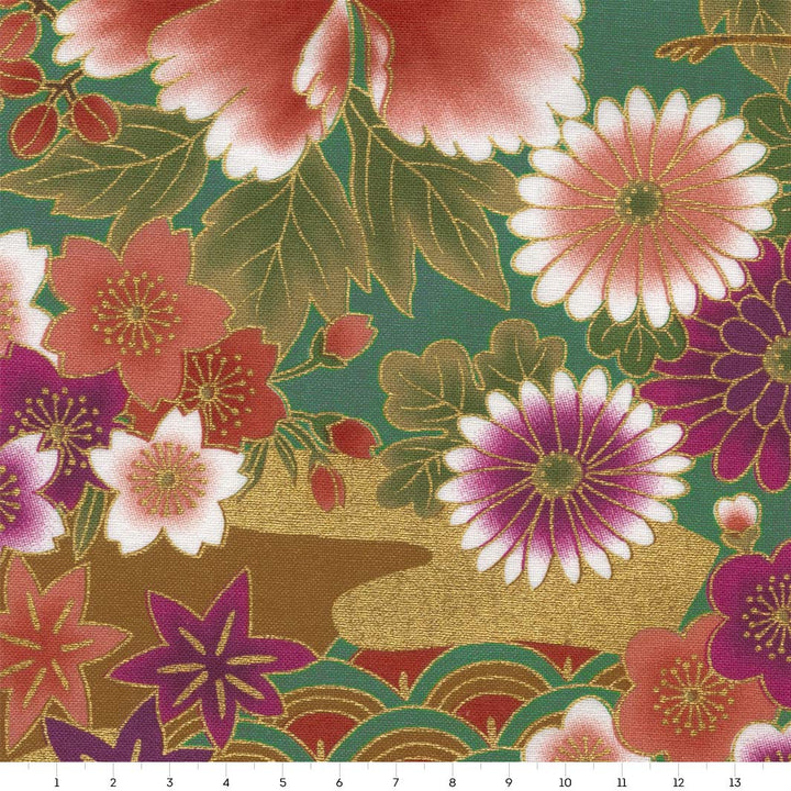 Tissu Japonais - Fleurs, Grues, Éventails, Boules et Chariots - Vert, Rouge, Violet et Or - T524