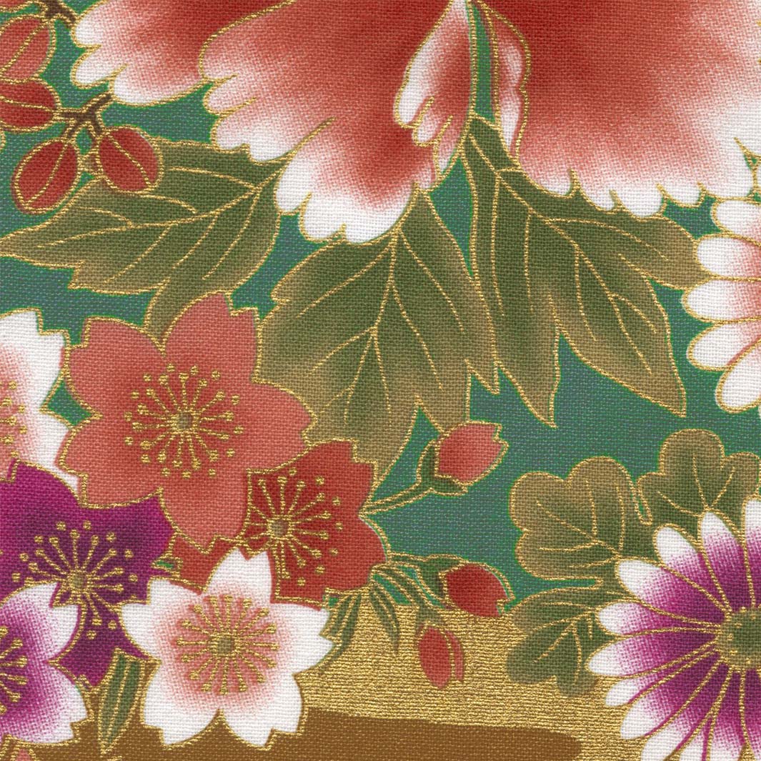 Tissu Japonais - Fleurs, Grues, Éventails, Boules et Chariots - Vert, Rouge, Violet et Or - T524