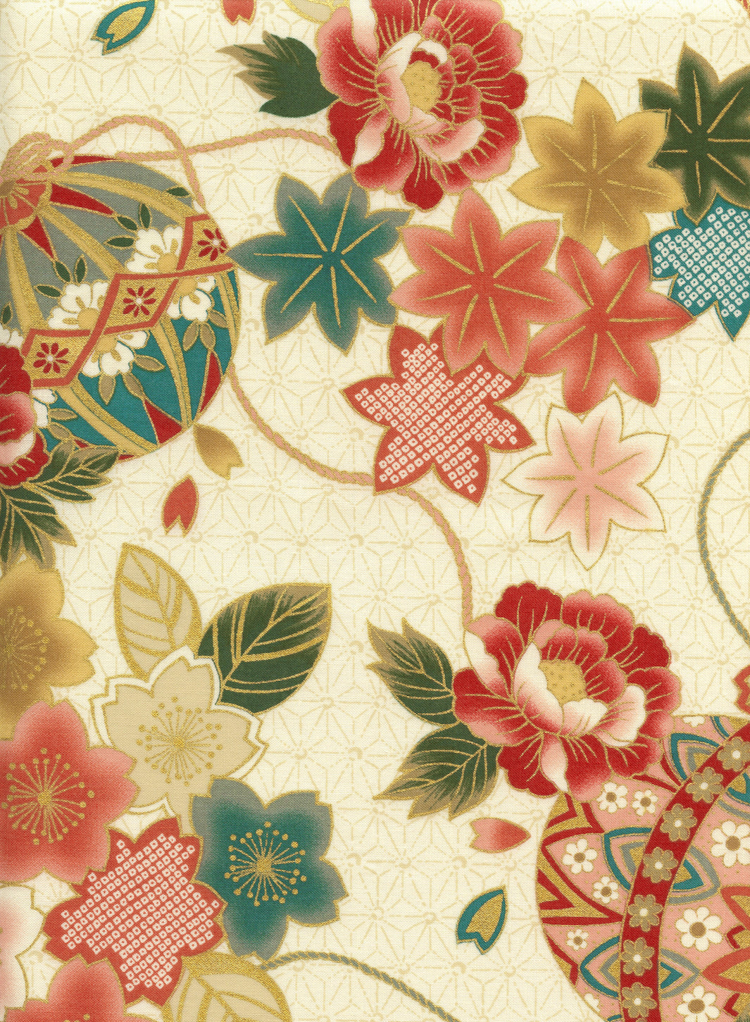 Tissu Japonais - Boules, Fleurs et Érables - Beige, Rouge, Jaune, Bleu et Vert - T525