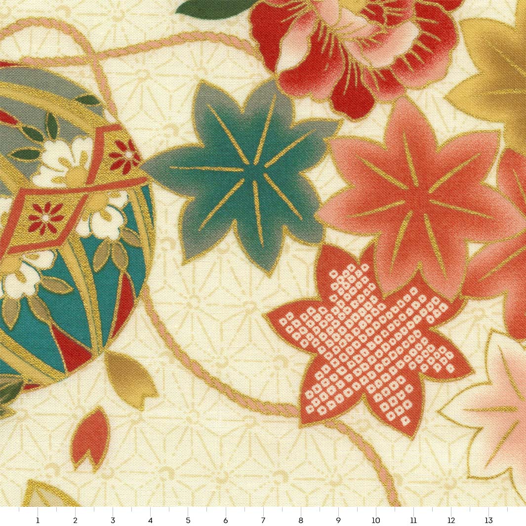 Tissu Japonais - Boules, Fleurs et Érables - Beige, Rouge, Jaune, Bleu et Vert - T525