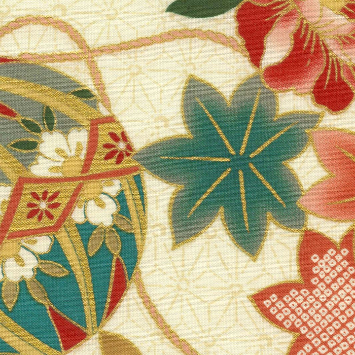 Tissu Japonais - Boules, Fleurs et Érables - Beige, Rouge, Jaune, Bleu et Vert - T525