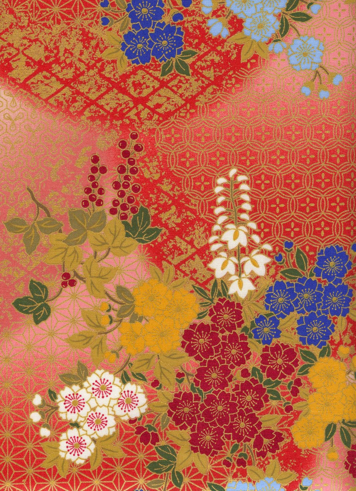 Tissu Japonais - Fleurs de Cerisier, Glycines et Lierres - Rouge, Jaune et Vert - T526