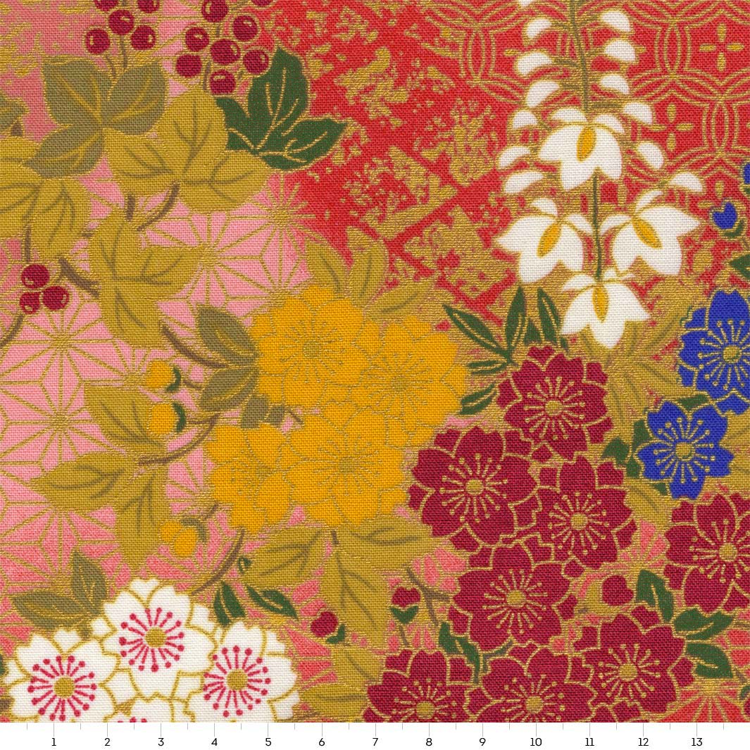 Tissu Japonais - Fleurs de Cerisier, Glycines et Lierres - Rouge, Jaune et Vert - T526
